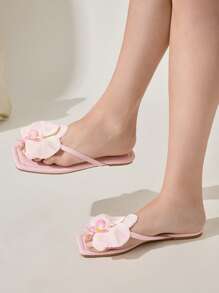 CUCCOO CHICEST Women's Summer New Iris Flower Square Toe Flat Elegant Casual Sweet Light Pink Faux Leather Ladies Flat Sandals Slippers Beach Shoes, Suitable For Afternoon Tea, Dating, Elegant Outfit, Vacation, Beach, Hawaii Island Style