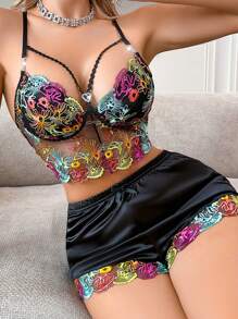 SilkySpell Elegant Vintage Colorful Embroidery Mesh Lingerie Set, Sexy And Sheer - Black - View 5