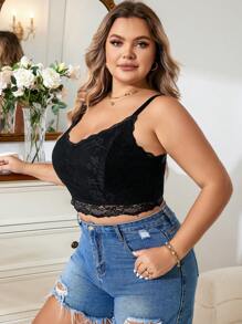 SHEIN 1pc Plus Size Lace Patchwork Wireless Bra - Black - View 4