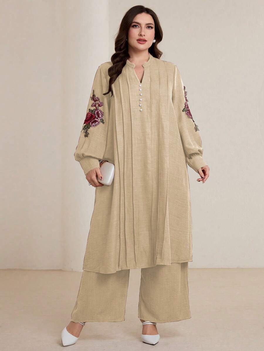 Graceveil Bộ 2 chiếc/Bộ áo dài tay rộng cổ chữ V thêu đính vải cỡ lớn và quần cạp chun, trang phục xuân/thu giản dị - Màu be - Xem 1