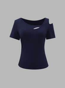 Camiseta de mujer de unicolor de verano con cuello asimétrico de moda