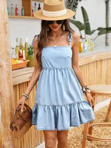 Breezaya Vestido mini de mezclilla con tirantes y volantes en el bajo, de un solo color para mujer