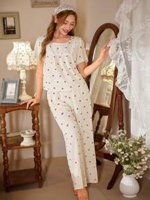 CottageSlumber 2pcs Women Cherry Blossom Print Pajama Set Holiday Season - Multicolor - View 4