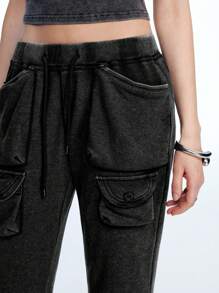 LYSMO 重度水洗复古风格结构口袋抽绳喇叭裤 - 黑色 - 查看 7