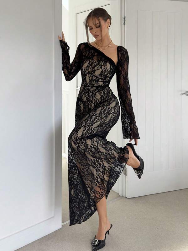 Siren Gaze Women's Black Mesh Bodycon Dress With Off-Shoulder, Ruched Waist, A-Line Hem, Vacation Long Dress, French Camisole Dress, Black Long Sleeve Dress
