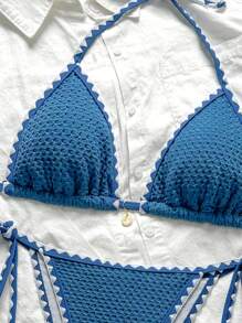 Swim Mod Conjunto de bikini azul de 2 piezas para mujer con volantes y tirantes de tela jacquard de unicolor para el verano