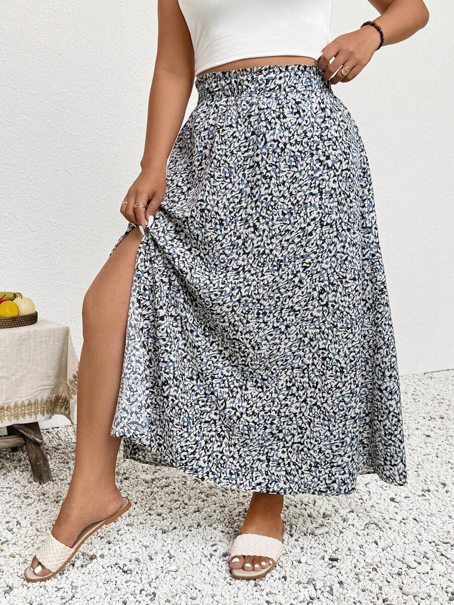 SHEIN Frenchy 大码热带开叉花卉印花女式半身裙 - 彩色 - 查看 1