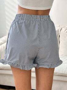 Jouncy 女士夏季休闲条纹荷叶边下摆短裤 - 藏蓝色 - 查看 2