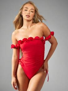 MISSGUIDED Beach Rose Detail Off Shoulder Ruched Sides One Piece Swimsuit - Red - View 4