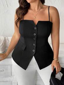 Celure 大码女装春夏优雅法式纯色无袖衬衫，鸡心领，前扣，适合通勤、商务、休闲、度假