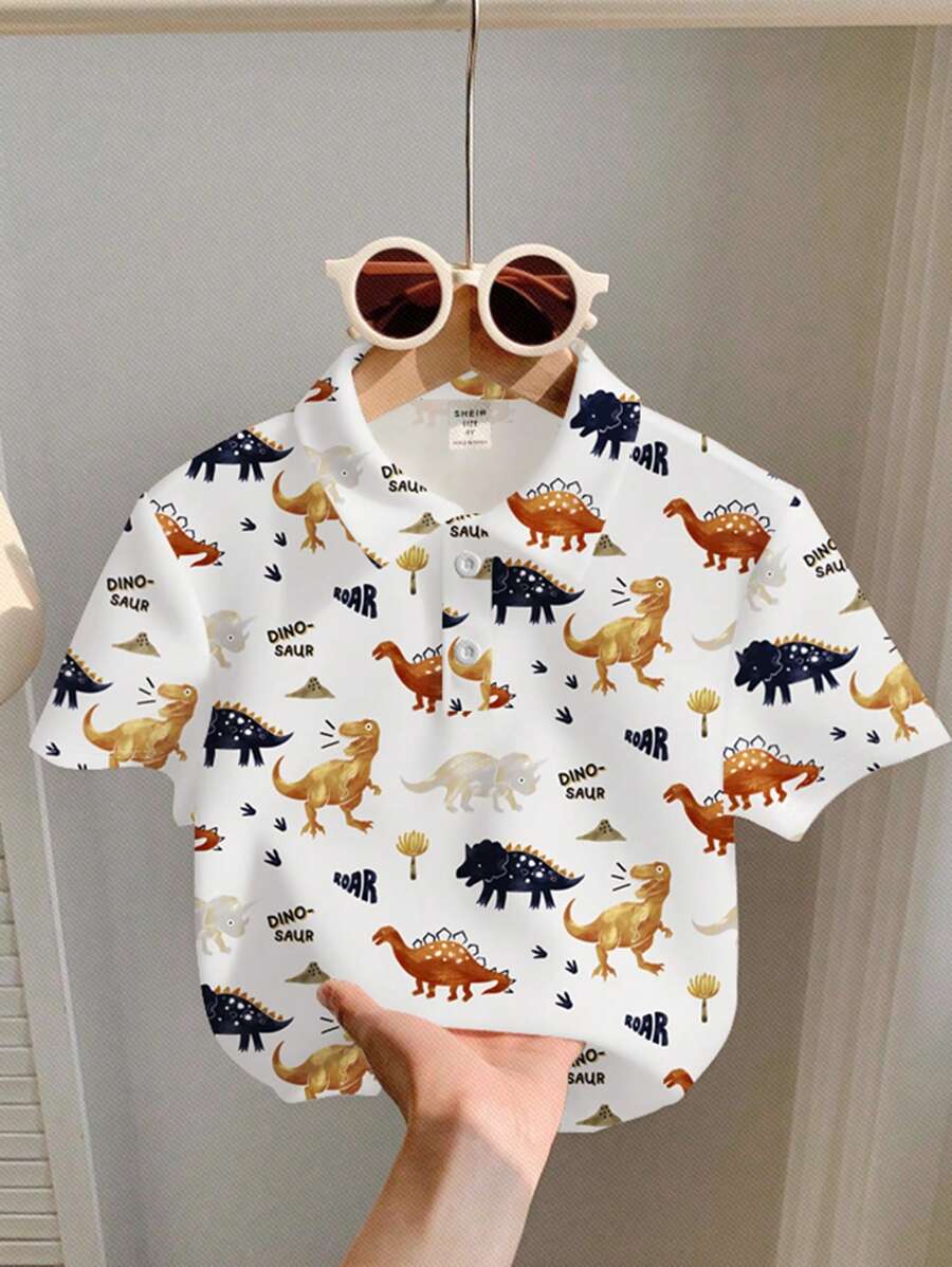 Young Boys Classic Cute Dinosaur Graphic Print Casual Comfortable Short Sleeve Polo Shirt, Suitable For Spring/Summer - Multicolor - View 1