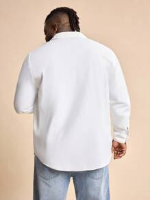 EASEVO Men Plus Size Solid Button Front Shirt , Long Sleeve Plain White Work Basic Shirt, Fall - White - View 2