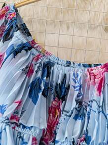 DreamSkyne Romantic Date  Plus Size Off Shoulder Chiffon Floral Print Sleeveless Elegant Vintage Pleated Maxi Dress, A-Line, For Spring/Summer - Blue - View 5