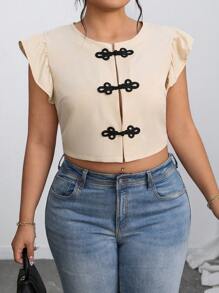 Elenzga Plus Size Contrast Color Round Neck Bodycon Ruffle Hem Casual Shirt, Summer - Apricot - View 6