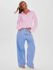MUSERA Tailored Button Through Pinstripe Fitted Long Sleeve Shirt Business Casual Beach Holiday Airport Back To School Office Winter ,Elegant Valentines Day Spring Summer - Pink - View 4