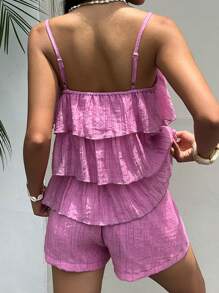 SHEIN EZwear Women's Summer Vacation Multi-Layered Ruffled Camisole And Shorts Set, Solid Color, Suitable For Daily Street Wear, Suitable For Vacation Wear