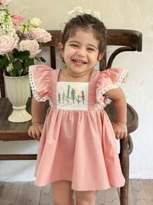 LMoss Kids Baby Mädchen Gestricktes Kleid mit Kontrast-Farbstickerei, quadratischem Kragen und Rüschenbesatz