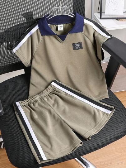 2pcs Young Boys Casual Sports Grey Polo Collar Loose T-Shirt And Shorts Set, Suitable For Travel, Sports, Daily Gatherings, Spring/Summer