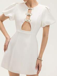 Chiquease Off-White,Summer,Elegant,Birthday Party White Rhinestone Bow Accent Front Cutout Round Neck High-End Puff Sleeve Waist-Fitted Mini Dress For Wedding - White - View 3