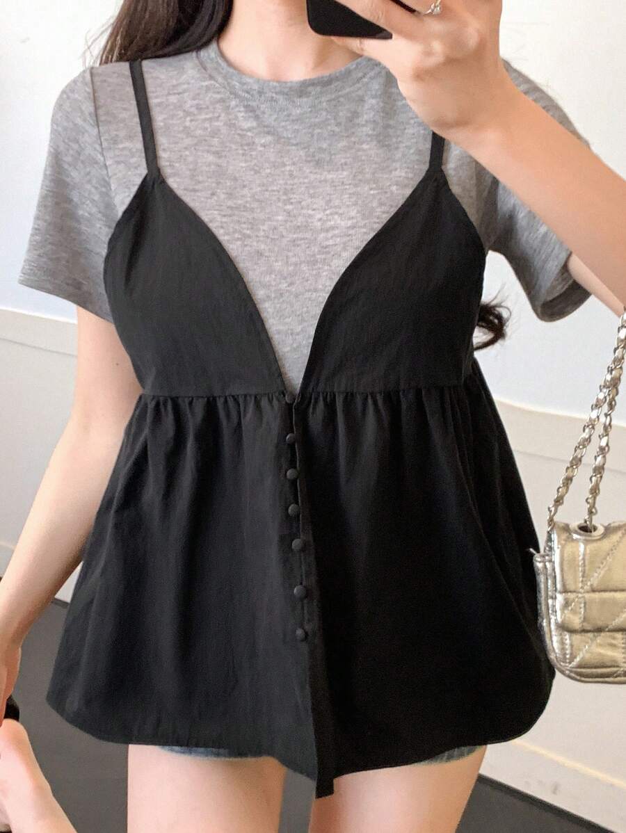 DAZY 女士休闲宽松简约背心和T恤套装(2件套),夏季家居服套装 - 灰色 - 查看 1