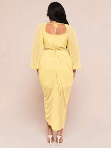 SHEIN BAE Plus Size Women's Elegant Party Date Sexy Glitter Sequins Draped Neck Ruched Asymmetrical Hem Slit Dress With Long Sleeve, Olive Green