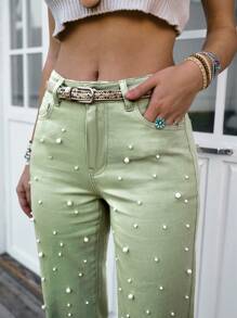 LanaWest Women's Green Washed Denim Faux Pearl Straight Leg Jeans - Army Green - View 7