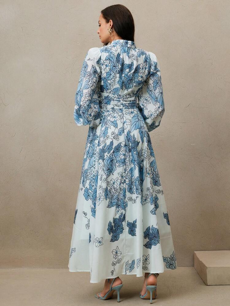 Women's Floral Wide Hem Dress, Lantern Sleeve Elegant Party Dress, Spring & Summer Long Sleeve Dress