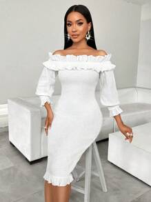 SHEIN Lady Damen Sommer elegantes einfarbiges Off-Shoulder Rüschen-Saum bodycon knöchellang Kleid - Weiss - Übersicht 3
