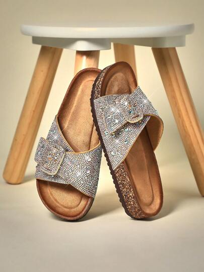 Mini mi 公主认可的女童水钻星空香槟色软木鞋床拖鞋——公主装扮度假的靠垫凉鞋