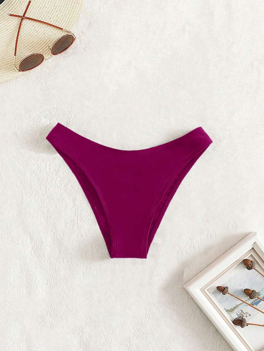 SHEIN Swim 女士夏季海滩纯色性感比基尼泳裤 - 酒紅色 - 查看 1