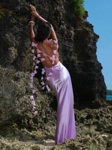 Vestido sin espalda de tejido liso para mujer - Morado - Ver 2