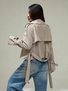 SHEIN PETITE Beige Button-Down Drawstring Trench Coat Women's In Fall/Winter - Khaki - View 3