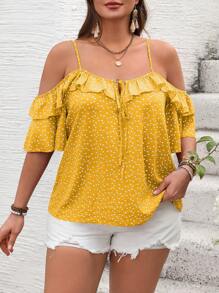 SHEIN VCAY 大码度假浪漫小心形荷叶边露肩吊带背心衬衫。情人节、休闲野餐派对。 - 黃色 - 查看 3
