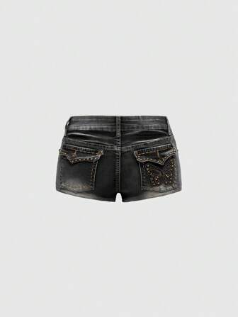 Fairycore Short en jean délavé, taille ultra basse, style rétro Y2K avec poches, déchiré et décoré de clous en forme de papillon pour femmes