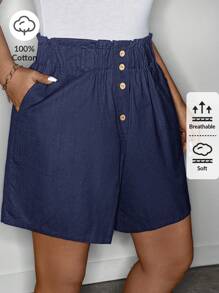 SHEIN LUNE 女式加大码亚麻弹力荷叶边下摆休闲短裤，夏季、春假波西米亚风复古棉质舒适短裤 - 藏蓝色 - 查看 1