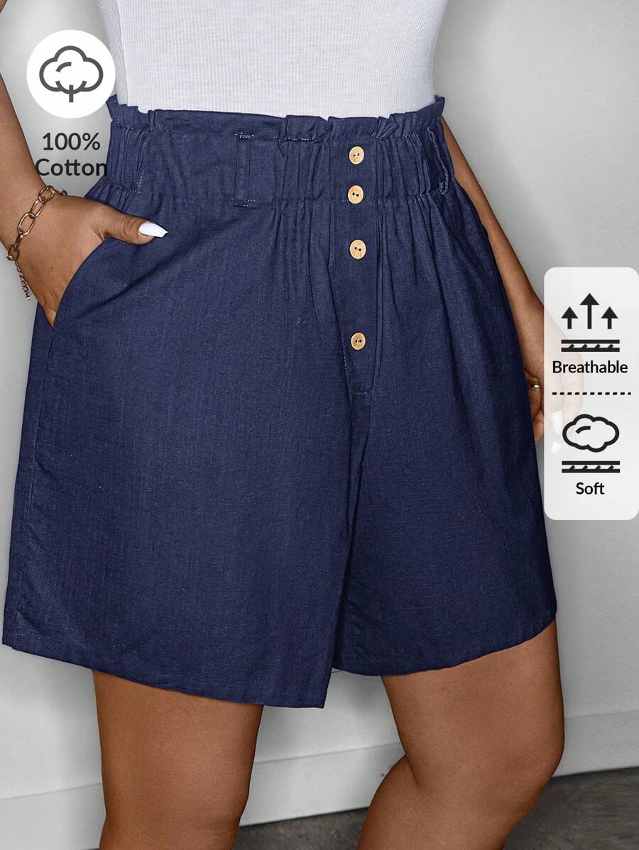 SHEIN LUNE 女式加大码亚麻弹力荷叶边下摆休闲短裤，夏季、春假波西米亚风复古棉质舒适短裤 - 藏蓝色 - 查看 1