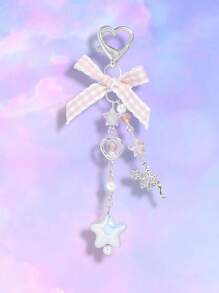 ROMWE Kawaii 1pc Sweet And Lovely Schoolgirl-Style Pink Plaid Woven Ribbon Bow Crystal Star Heart Pearl  Pendant Keychain Bag Charm, Suitable For Women And Students' Daily Decoration And Festival Gifts