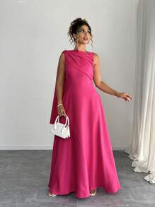 Elenzga 夏季女士优雅简约无袖露肩圆领喇叭下摆连衣裙，玫瑰红色 - 玫紅色 - 查看 3