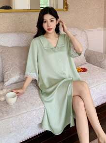 DAZY 蕾丝拼布前开式宽松舒适女式睡袍睡衣 - 綠色 - 查看 3