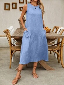 Breezaya Váy suông không tay màu trơn cho nữ, thời trang cho mùa hè - Màu xanh nhạt - Xem 3