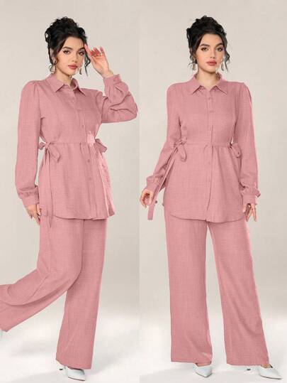 Graceveil Women 2pcs Set Front Button Long Sleeve Casual Blouse And Trousers 2 Pieces Set Modest Fall Cloth For Women