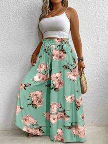 SHEIN LUNE 加大码花卉印花宽松阔腿裤，夏季度假 - 薄荷綠 - 查看 5