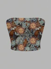 SHEIN EZwear Damski top z nadrukiem boga słońca, odpowiedni na lato i wakacje na plaży - Wielokolorowe - Zobacz 5