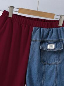 2 件套休闲牛仔拼布针织 T 恤和短裤，适合青少年男孩，时尚街头风格牛仔拼布服装