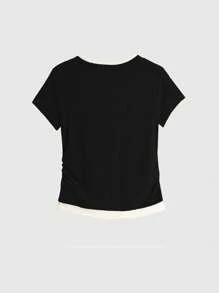 Franclia Simple French Style Gray Knit Round Neck Short Sleeve 2 In 1 Top, New Women Top For Summer - Black - View 2