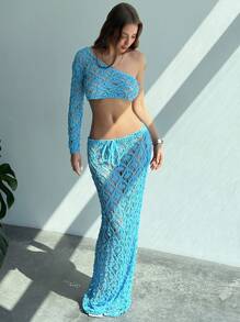 Aloruh Damen Blumen Cut Out Urlaubs Einem Schulter Pullover 2 Teile Set - Blau - Übersicht 1