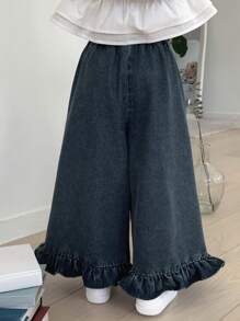 DAZY Tween Girls' Elastic Waist Wide Leg Jeans With Large Pockets And Ruffle Hem, Casual & Loose Fit - Blue - View 2