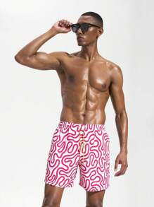 Manfinity VDAYZ Men's Summer Holiday All-Over Print Drawstring Waist Beach Shorts Men Swim Trunks - Pink - View 3