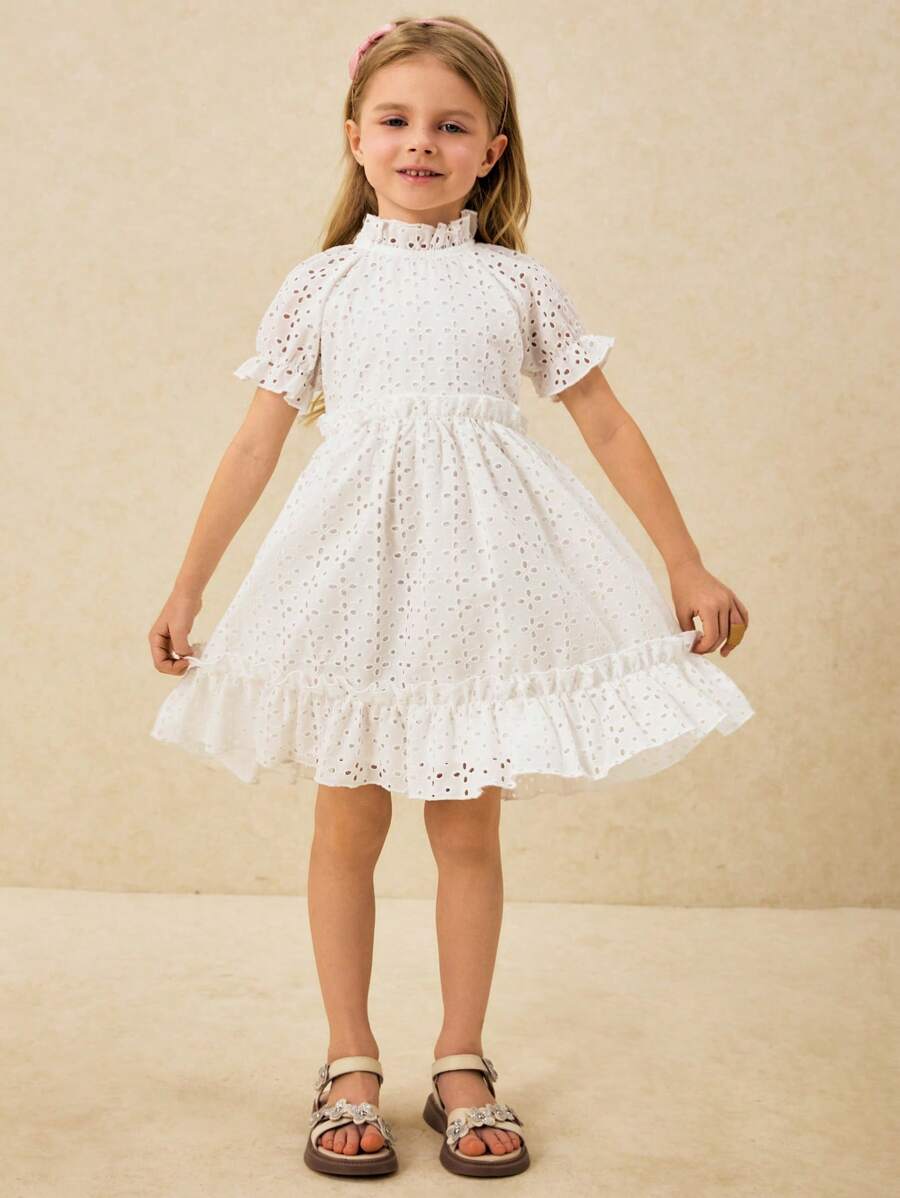 SHEIN 少女优雅刺绣棉质泡泡袖连衣裙 - 白色 - 查看 1