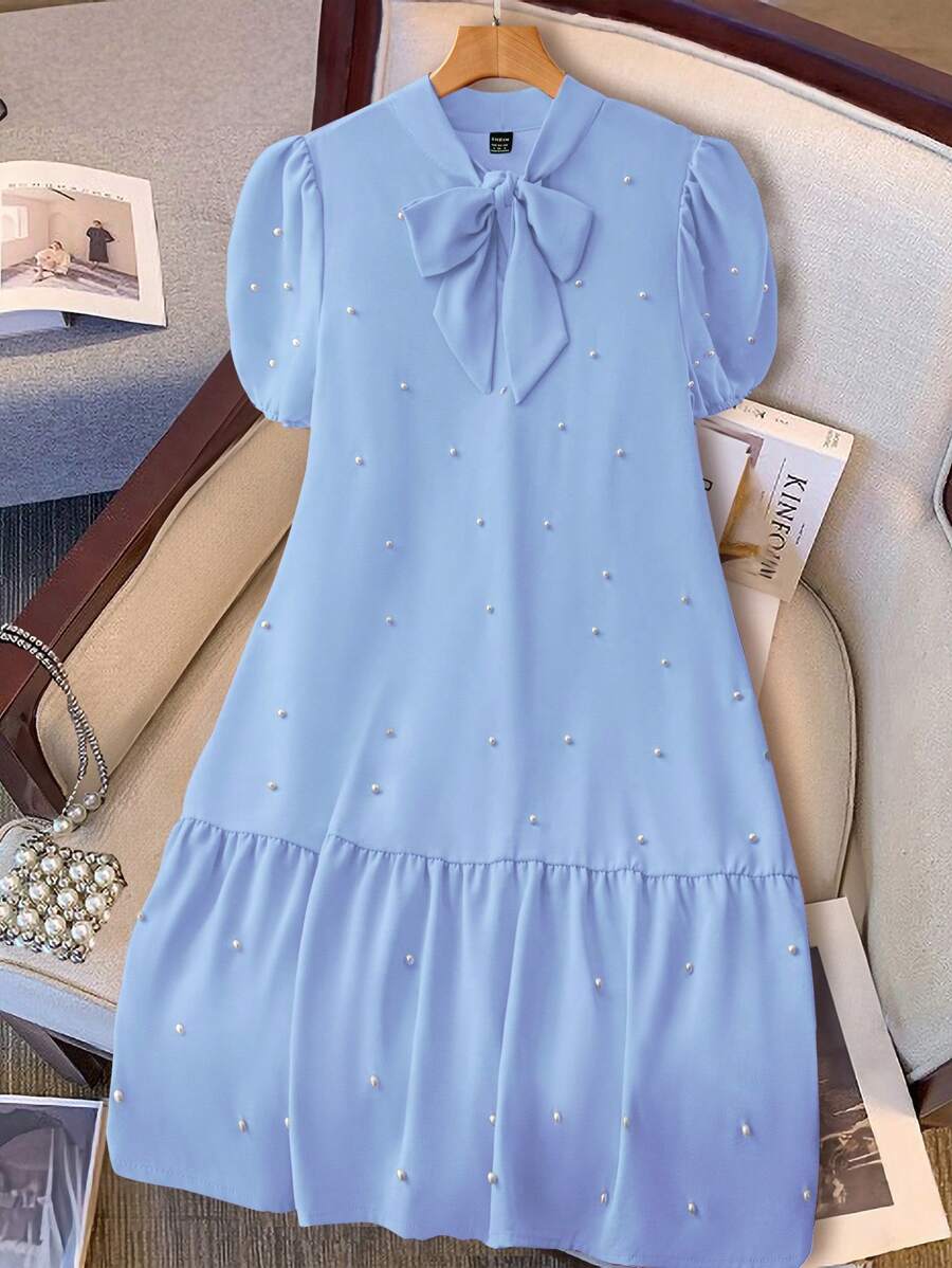 SHEIN Clasi Women's Woven Bubble Bead Casual Summer Dress - Blue - View 1